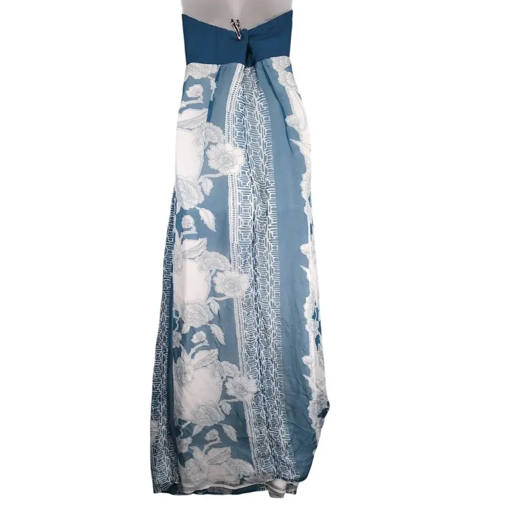 Charlotte Russo Sz L Strapless Babydoll High Waist Blue‎ Floral Sheer Maxi Dress